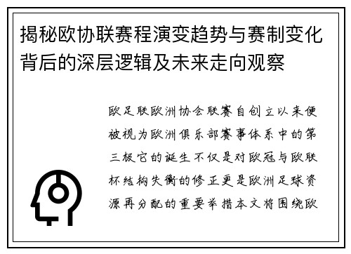 揭秘欧协联赛程演变趋势与赛制变化背后的深层逻辑及未来走向观察