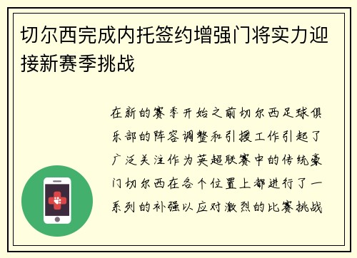 切尔西完成内托签约增强门将实力迎接新赛季挑战